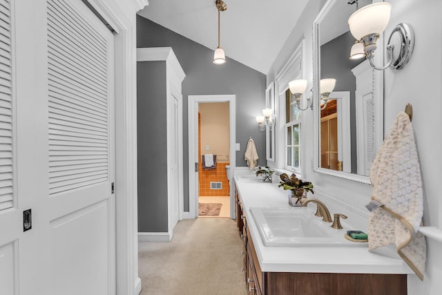 5340 Squires Manor Rd, Jackson, MI 49201 - full bath with a closet, vaulted ceiling, vanity, and baseboards