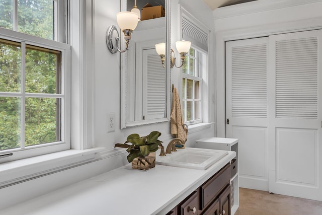 5340 Squires Manor Rd, Jackson, MI 49201 - bathroom featuring vanity, healthy amount of natural light, a closet, and a chandelier