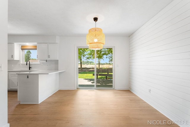 7745 Worthing Ct SW, Byron Center, MI 49315 - unfurnished dining area featuring light wood-type flooring and wooden walls