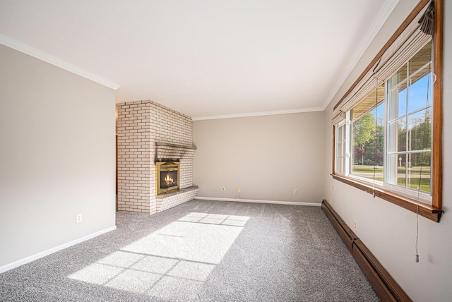 823 W Park Dr, Niles, MI 49120 - unfurnished living room with carpet floors, crown molding, a brick fireplace, baseboard heating, and baseboards