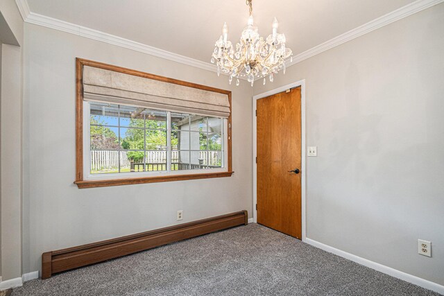 823 W Park Dr, Niles, MI 49120 - unfurnished room with baseboard heating, carpet, a chandelier, baseboards, and crown molding