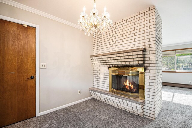 823 W Park Dr, Niles, MI 49120 - unfurnished living room with carpet, crown molding, baseboards, a chandelier, and a fireplace