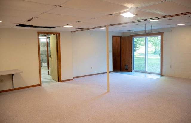 6340 Warren Woods Rd, Three Oaks, MI 49128 - below grade area with a paneled ceiling, carpet floors, and baseboards