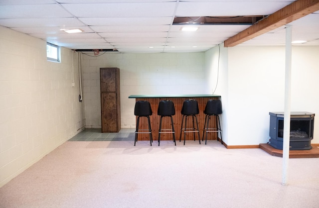 6340 Warren Woods Rd, Three Oaks, MI 49128 - indoor dry bar with a wood stove and light carpet