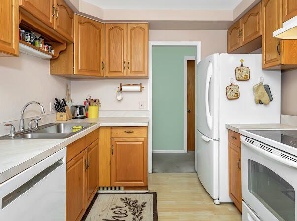 23165 Church St, Oak Park, MI 48237 - kitchen featuring white appliances, a sink, light countertops, and under cabinet range hood