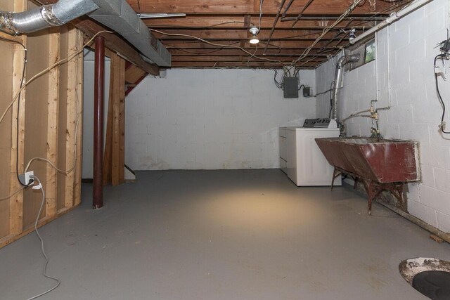 455 N Centre St, Schoolcraft, MI 49087 - unfinished below grade area with washer and clothes dryer, a sink, and electric panel