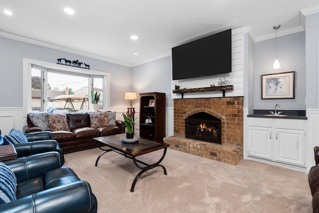 927 Queens Way, Canton, MI 48188 - living room featuring ornamental molding, wet bar, a wainscoted wall, a fireplace, and recessed lighting