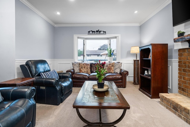 927 Queens Way, Canton, MI 48188 - living room featuring light colored carpet, ornamental molding, a wainscoted wall, and recessed lighting