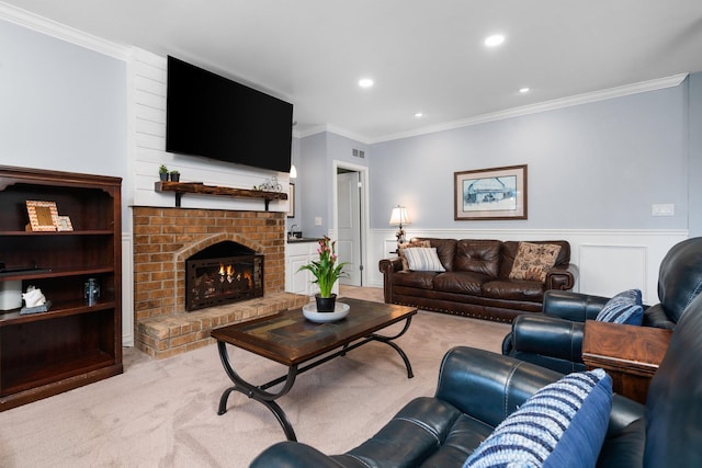 927 Queens Way, Canton, MI 48188 - living room featuring crown molding, wainscoting, a fireplace, light colored carpet, and recessed lighting