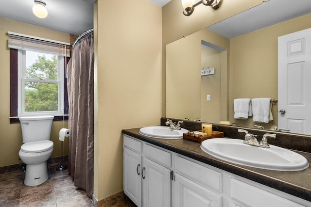 927 Queens Way, Canton, MI 48188 - bathroom with double vanity, toilet, tile patterned floors, and curtained shower
