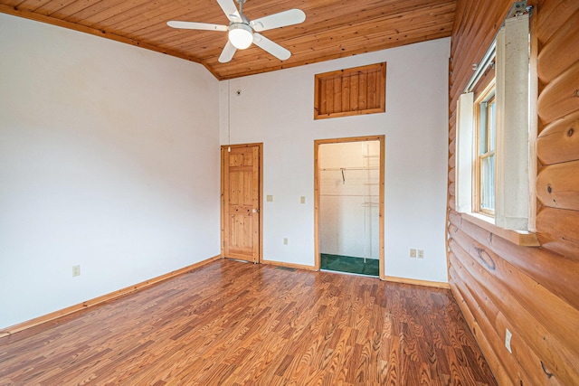 884 N Gavord Rd, Sterling, MI 48659 - unfurnished bedroom with wood ceiling, wood finished floors, baseboards, high vaulted ceiling, and a ceiling fan