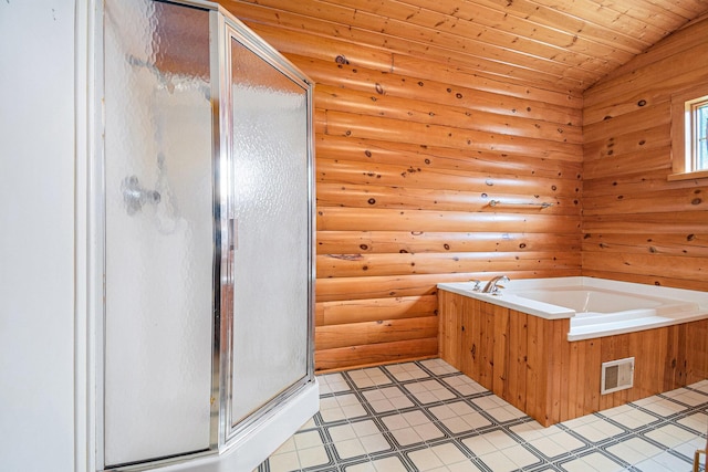 884 N Gavord Rd, Sterling, MI 48659 - full bath featuring log walls, a shower stall, a garden tub, wood ceiling, and lofted ceiling