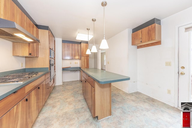 1506 Chandler Rd, Ann Arbor, MI 48105 - kitchen with appliances with stainless steel finishes, dark countertops, ventilation hood, a kitchen island, and brown cabinets