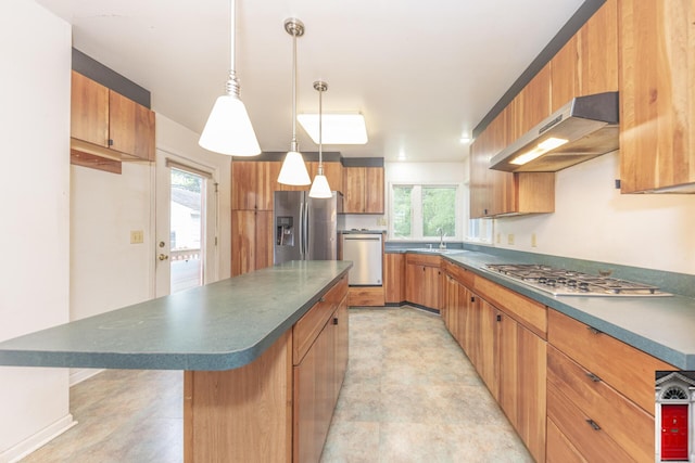 1506 Chandler Rd, Ann Arbor, MI 48105 - kitchen with appliances with stainless steel finishes, under cabinet range hood, dark countertops, and healthy amount of natural light