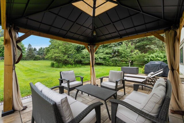 4047 Ramsgate Ct, Ann Arbor, MI 48103 - view of patio / terrace with a gazebo, an outdoor hangout area, area for grilling, and view of scattered trees