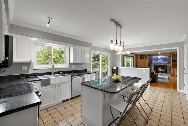 4047 Ramsgate Ct, Ann Arbor, MI 48103 - kitchen with stainless steel dishwasher, crown molding, white cabinetry, a sink, and dark countertops