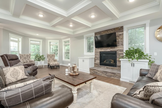 6606 Spaniel Dr, Kalamazoo, MI 49009 - living area with ornamental molding, wood finished floors, a stone fireplace, coffered ceiling, and beam ceiling