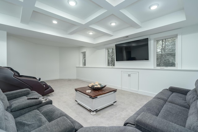 6606 Spaniel Dr, Kalamazoo, MI 49009 - living room with coffered ceiling, light colored carpet, recessed lighting, beam ceiling, and baseboards