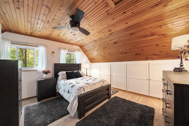 9787 Center Ln, Canadian Lakes, MI 49346 - bedroom featuring vaulted ceiling, wood ceiling, light wood-type flooring, a decorative wall, and a ceiling fan