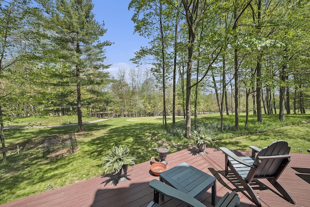 9787 Center Ln, Canadian Lakes, MI 49346 - wooden deck with a yard and view of wooded area