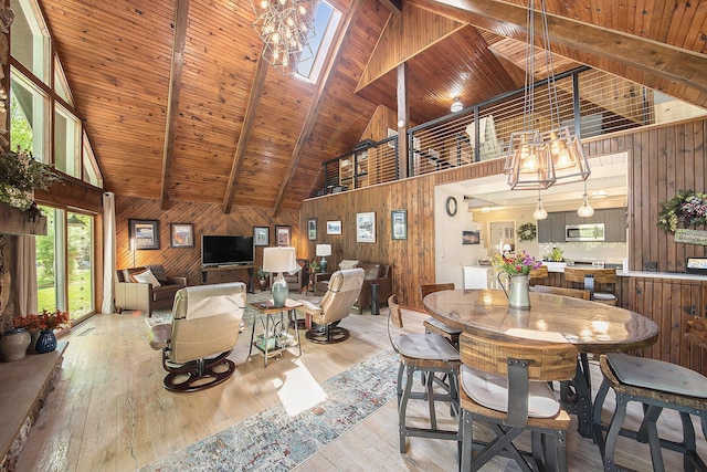 9787 Center Ln, Canadian Lakes, MI 49346 - dining area with high vaulted ceiling, wood walls, light wood-style floors, a chandelier, and wood ceiling with exposed beams