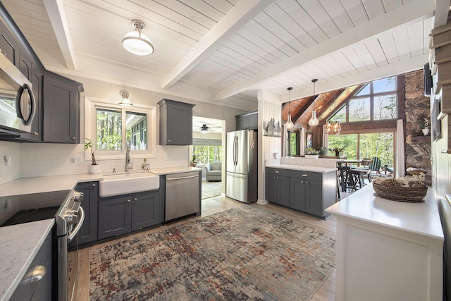 9787 Center Ln, Canadian Lakes, MI 49346 - kitchen featuring appliances with stainless steel finishes, a sink, wooden ceiling, backsplash, and light wood finished floors