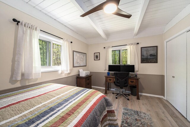 9787 Center Ln, Canadian Lakes, MI 49346 - bedroom with wood finished floors, wainscoting, beamed ceiling, and ceiling fan