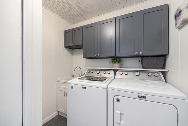 9787 Center Ln, Canadian Lakes, MI 49346 - washroom featuring independent washer and dryer, cabinet space, and dark tile patterned floors