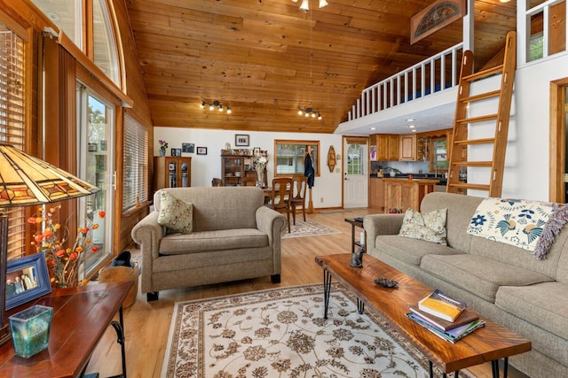 13341 Clausen Rd, Trufant, MI 49347 - living area featuring wood ceiling, high vaulted ceiling, light wood-style flooring, and baseboards