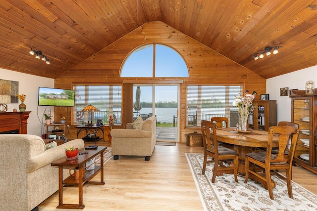 13341 Clausen Rd, Trufant, MI 49347 - dining space featuring high vaulted ceiling, wooden walls, wooden ceiling, and light wood-style flooring