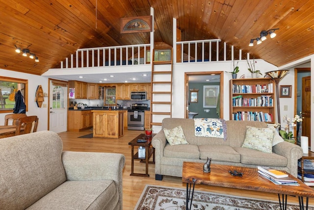 13341 Clausen Rd, Trufant, MI 49347 - living room with wood ceiling, light wood-type flooring, rail lighting, and high vaulted ceiling