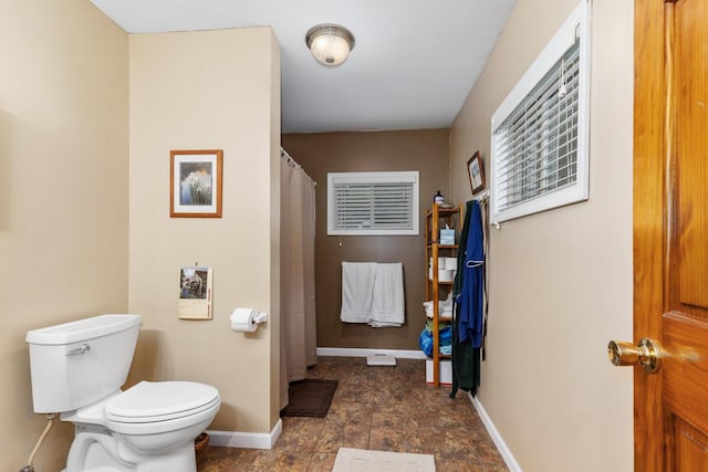 13341 Clausen Rd, Trufant, MI 49347 - full bathroom with toilet, baseboards, a shower with curtain, and stone finish floors