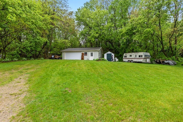 13341 Clausen Rd, Trufant, MI 49347 - view of grassy yard with an outdoor structure and a detached garage