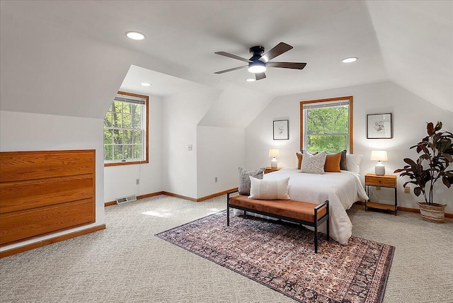 1710 215th Ave, Morley, MI 49336 - bedroom with carpet floors, vaulted ceiling, baseboards, recessed lighting, and multiple windows