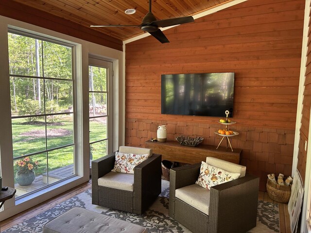 46306 Station Rd, New Buffalo, MI 49117 - sitting room featuring wood walls, a ceiling fan, wood ceiling, and lofted ceiling