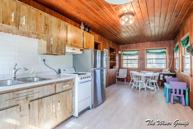 1261 W Channel St, Bitely, MI 49309 - kitchen featuring white range with electric stovetop, a sink, under cabinet range hood, wooden ceiling, and wood walls