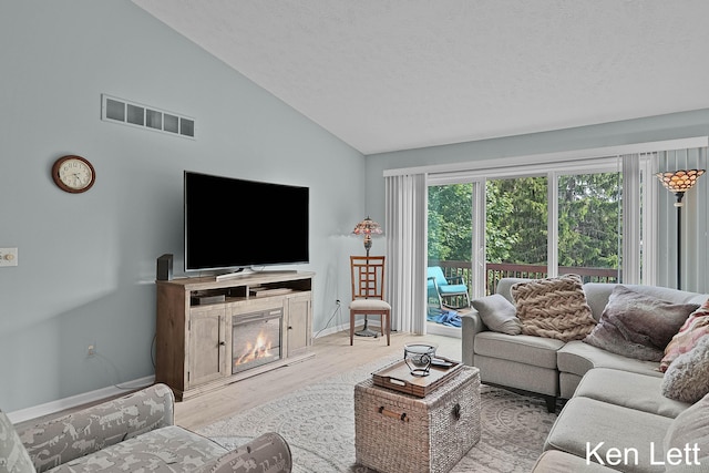 936 Amber View Dr SW Unit 160, Byron Center, MI 49315 - living area with wood finished floors, baseboards, a lit fireplace, high vaulted ceiling, and a textured ceiling