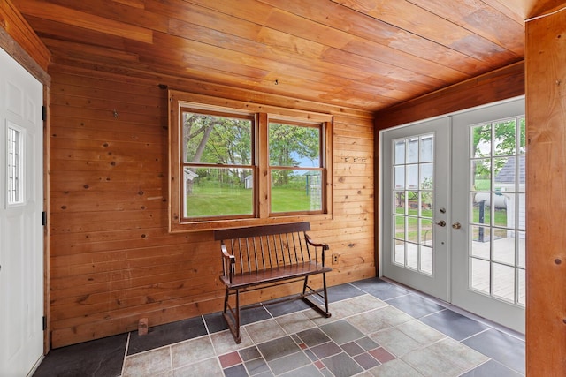 8001 S Jackson Rd, Jackson, MI 49201 - doorway to outside featuring wood ceiling, french doors, plenty of natural light, and wooden walls