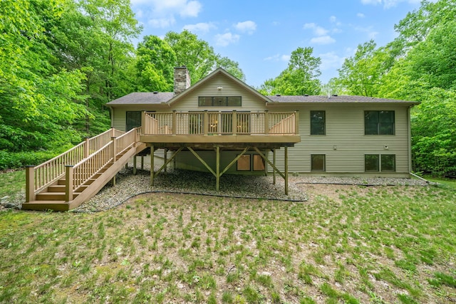 64711 Shorewood Ln, Cassopolis, MI 49031 - rear view of property featuring a chimney, a wooden deck, stairs, and a yard