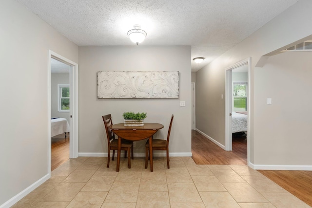 4121 Quebec St, Auburn Hills, MI 48326 - dining area with healthy amount of natural light, a textured ceiling, light wood-style floors, and baseboards