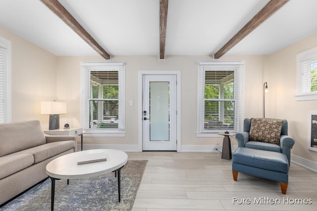 912 Arianna St NW, Grand Rapids, MI 49504 - living room featuring baseboards, light wood-style floors, and beamed ceiling