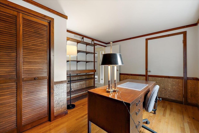 4948 Hardwoods Dr, West Bloomfield, MI 48323 - office area featuring wood finished floors, ornamental molding, and a wainscoted wall