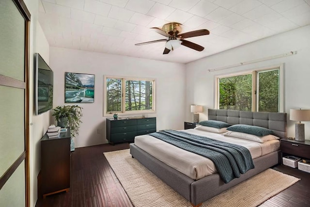 4771 S Lakeshore Dr, Ludington, MI 49431 - bedroom with multiple windows, dark wood-type flooring, and a ceiling fan