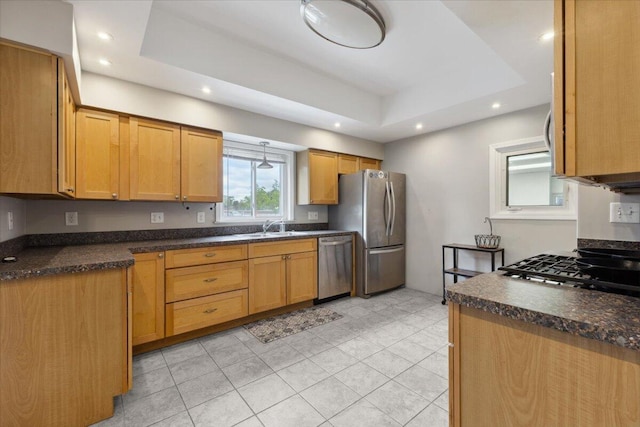 3364 Inman St, Ferndale, MI 48220 - kitchen featuring stainless steel appliances, dark countertops, a raised ceiling, recessed lighting, and a sink