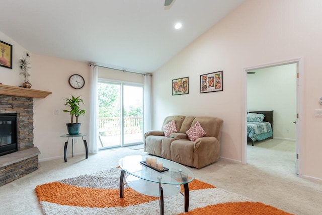 2501 Holiday House Rd, Saint Joseph, MI 49085 - living room featuring carpet, a fireplace, high vaulted ceiling, baseboards, and a ceiling fan