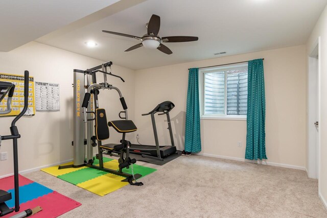 2501 Holiday House Rd, Saint Joseph, MI 49085 - exercise room with carpet flooring, baseboards, and ceiling fan
