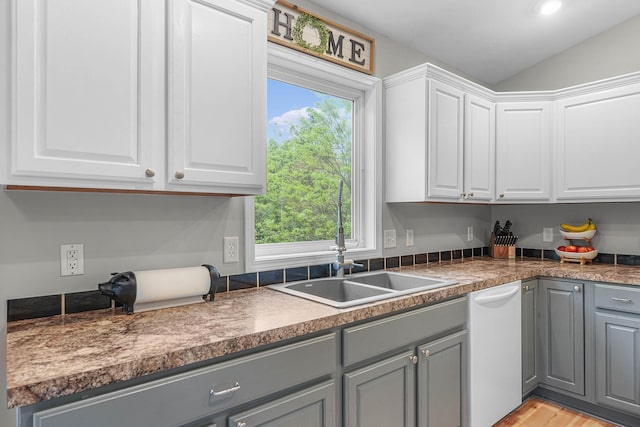 121 W Calgary Dr, Hastings, MI 49058 - kitchen featuring gray cabinets, a sink, dishwasher, vaulted ceiling, and white cabinets