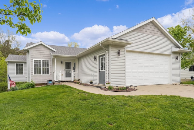 121 W Calgary Dr, Hastings, MI 49058 - ranch-style house with driveway, a front lawn, and an attached garage
