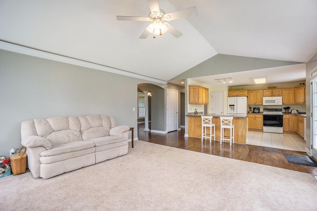 1001 Goodsell St, Otsego, MI 49078 - living room featuring light carpet, arched walkways, lofted ceiling, ceiling fan, and baseboards