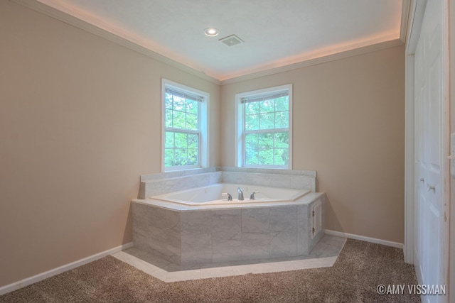 4175 Huntington Ave NE, Grand Rapids, MI 49525 - bathroom with crown molding, a bath, baseboards, recessed lighting, and carpet floors